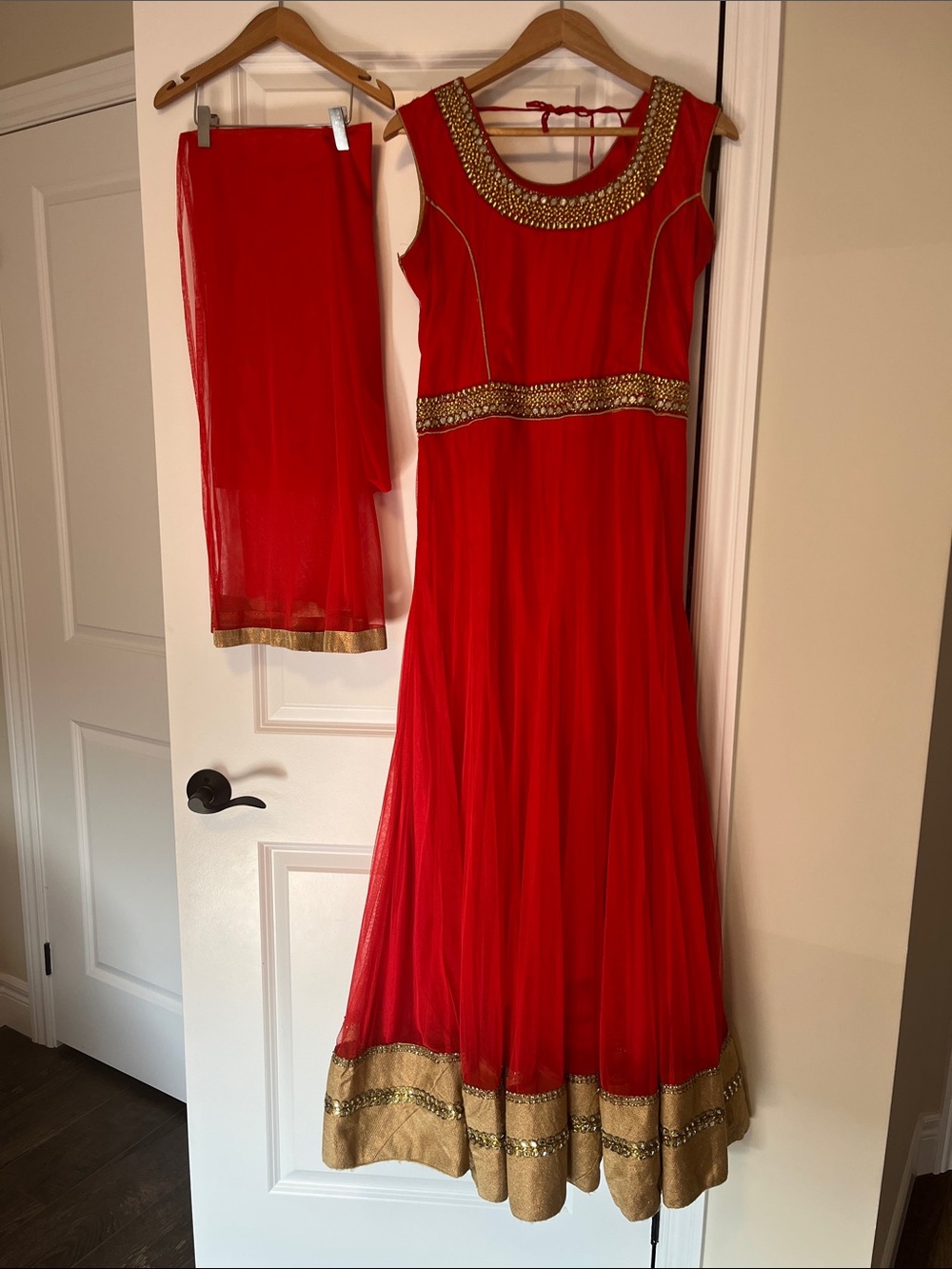 Red Embellished Anarkali Dress with Dupatta